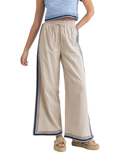 Wefebi Womens Casual Wide Leg Side Striped Pant Drawstring Elastic Waist Lounge Palazzo Pants with Pockets(Apricot-M)