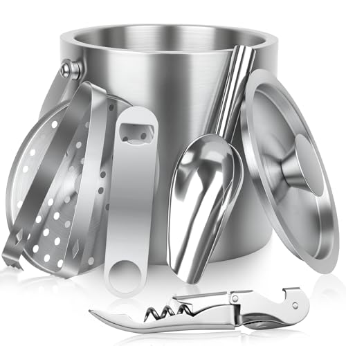 3L Ice Buckets for Parties 6PC Set, Stainless Steel Double-Wall Insulated Ice Bucket with Lid, Scoop, Tongs, Beer & Wine Opener – Ideal for Cocktail Bar, Outdoor Events & Keeps Ice Frozen Longer