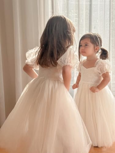 Champagne Little Girls Silky Tulle Wedding Party Dress Ankle Length Flower Girls Dresses Puffy Tulle Pageant Evening Prom Maxi Gown Champagne Size 24