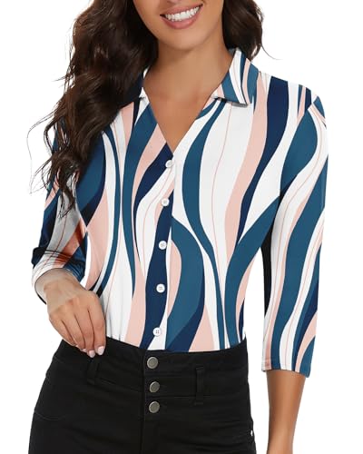 Image of Soneven Womens Golf Polo Shirts 3 /4 Long Sleeve V Neck Button Down Shirts Business Causal Work Blouses Tops