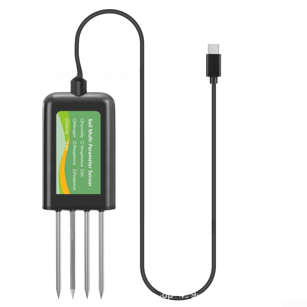 Probador de suelo USB con detección multiparámetro 8 en 1 para NPK pH humedad temperatura salinidad conductividad, sonda de acero inoxidable impermeable IP68