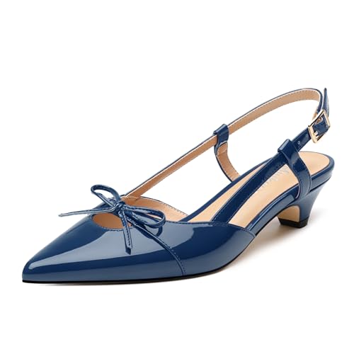 Womens Low Kitten Heels Pointed Toe Patent Slip on Slingback Pumps Party Wedding Dress Shoes 1.5 Inch