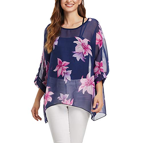 Image of Ckikiou Plus Size Batwing Flowy Semi Sheer Chiffon Blouse Tunic for Women Summer Floral Print Boho Beach Cover ups