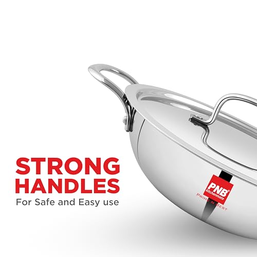 Image of PNB Kitchenmate Triply Stainless Steel kadai - 2.0 Liter | Induction Compatible triply kadai with lid | Stainless Steel cookware | Try ply cookware for Indian Cooking |Dishwasher Safe|5 Year Warranty