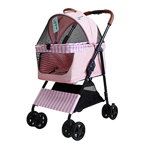 Portable Pet Stroller Cat Trolley, Dog Travel Cart Pram Shockproof Pet Detachable Strolling Cart, Puppy Pushchair Four-Wheeled, One Click Quick Folding (Pink)