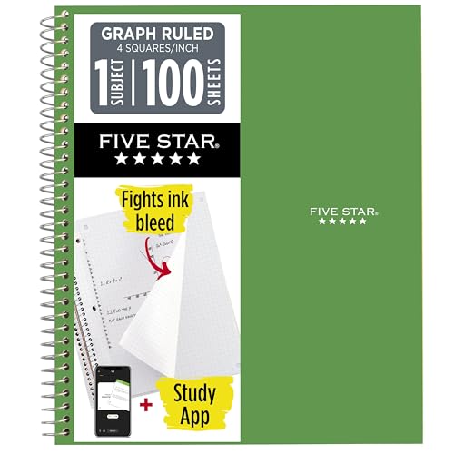 Five Star Spiral Notebook + Study App, 1 Subject, Graph Ruled Paper, 8-1/2" x 11", 100 Sheets, Fights Ink Bleed, Water Resistant Cover, Seaglass Green (620000CH1)