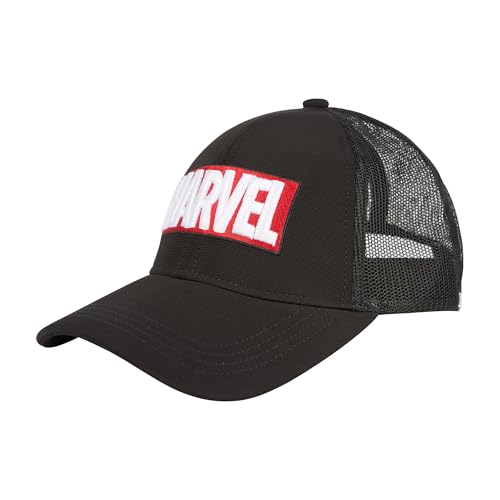 Image of Marvel Box Logo Men's Trucker Cap | Black | 6-Panel Structured Fit with Curved Visor | Breathable Mesh Back | Iconic Marvel Logo | Sun-Protective Style for Everyday Wear