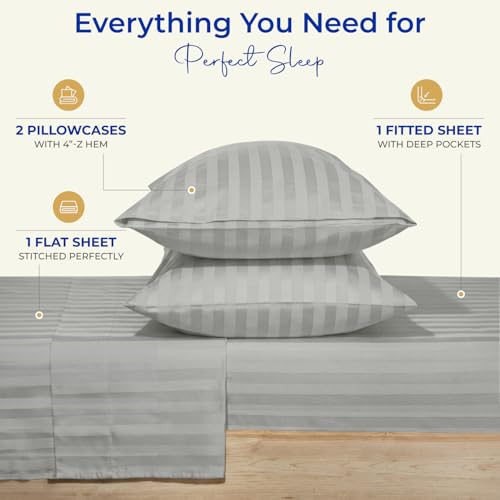 Image of THREAD SPREAD California King Bed Sheets, Luxury 1000 Series Paradise Collection 100% Egyptian Cotton Damask Striped Cal King Sheets Set (4 PC, Silver Grey Stripe), 16 inch Deep Pocket Hotel Sheet Set