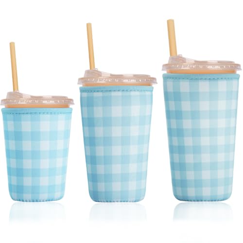 Image of Reusable Insulated Sleeve for Iced Coffee Cup, 3-Pack Coffee Neoprene Drink Sleeve for Cold & Hot Drinks, Beverage Holder for Iced Coffee (Soft Blue Gingham)