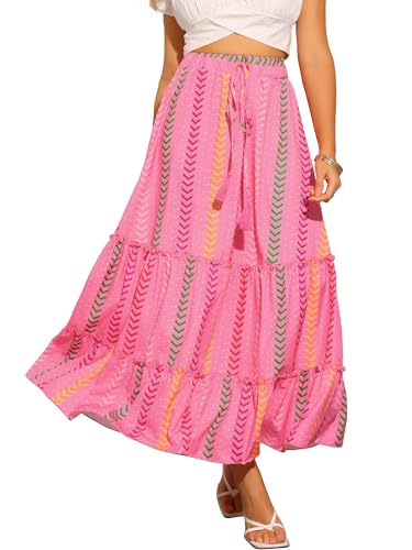 Allegra K Women's Beach Maxi Skirt Tassels Straps Flowy Pattern Tiered Pleated Skirts