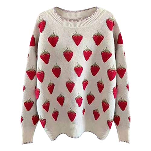 CORIRESHA Womens Pullover Sweater Casual Sweet Strawberry Long Sleeve Loose Knitted Sweater Tops