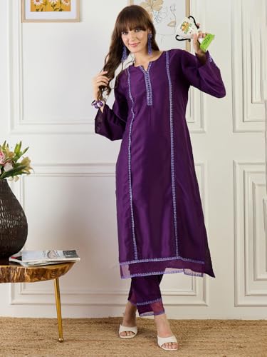 Image of INDO ERA Women's Silk Blend Floral Embroidered Straight Kurta & Pant Set (IESTR11531)