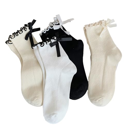 Image of Starella Women's Ruffle Ankle Socks Cute Bow Frilly Lettuce Cotton Crew Dress Sock for Loafers