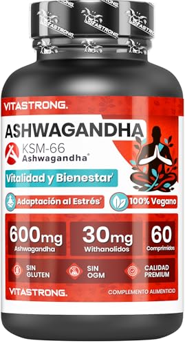Ashwagandha KSM-66 Vitastrong, Extracto Withania Somnifera (Ginseng Indio) con 30 mg de Witanólidos, Complemento de Ashawanda Concentrada KSM 66, 60 Comprimidos 100% Vegano Sin OGM, Gluten, Lactosa