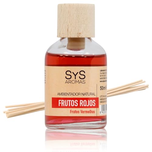 SYS Aromas Ambientador Mikado Frutos Rojos - Difusor con Varillas de Ratán - Larga Duración - Ideal para Hogar, Oficina, Baño - Fabricado en España - 50 ml con 8 Varillas