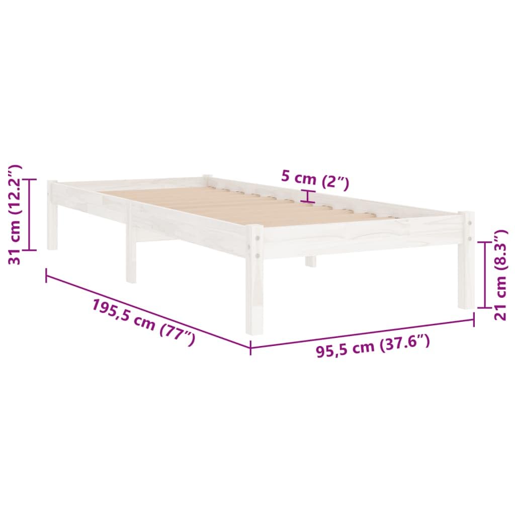 vidaXL Massivholzbett, Bett Holzbett für Schlafzimmer, Bettgestell Bettrahmen mit Lattenrost, Einzelbett Schlafzimmerbett, Modern, Weiß 90x190cm
