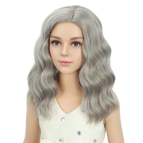 Image of PATTNIUM Kids Girls Gray Wig Old Lady Gray Grandma Wig for Kids Short Curly Wavy Grey Child Wigs Heat Resistant Synthetic Wigs