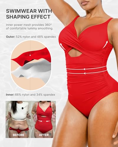 Image of SHAPELLX Tummy Control Swimsuits Women V Neck One Piece Bathing Suit Ruched Push Up Slimming Swimwear Built-in Bra