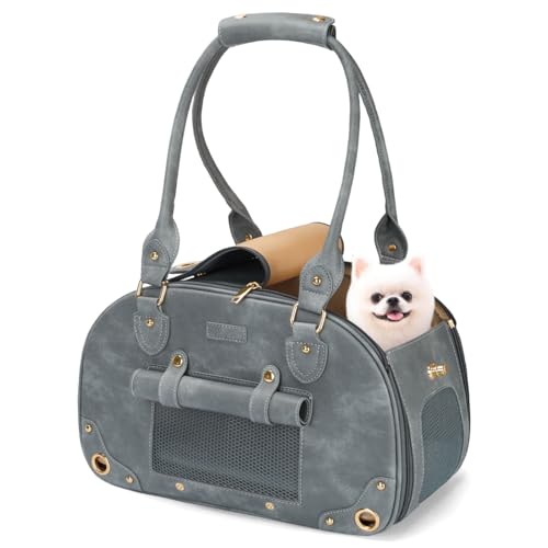 Image of Dog Carrier Purse, Pet Bag Bling Waterproof Premium Leather Pet Travel Portable Bag for Cat and Small Dog Home & Outdoor Small Grey