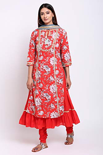 Image of BIBA Women Cotton Flared Kurta Churidar Suit Set