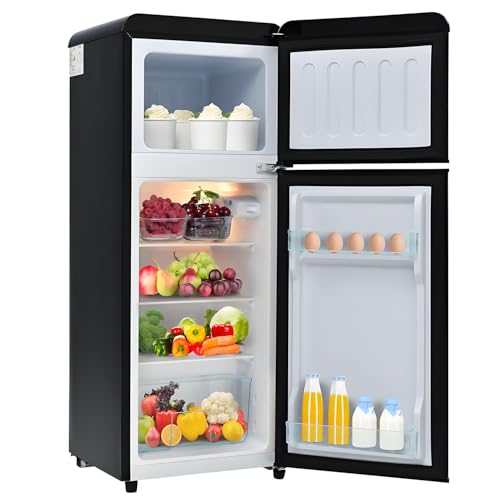 Frigorífico retro: Combinación frigorífico-congelador de dos puertas con 92 litros de volumen total, estantes de cristal, luz LED y un consumo de ahorro energético de 181 kWh/año,Black