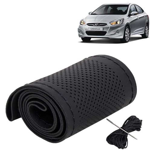 Image of KINGSWAY PU Leatherite Car Steering Cover Sewable Compatible with Hyundai Verna (Year 2011-2016), Black Color with Black Thread, Pack of 1 with Sewing Needle and Thread