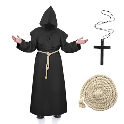 JOYUE Halloween Disfraz de Monje Sacerdote Túnica Medieval Túnica de Monje Hombre Túnica Fraile Renacimiento Traje Negro con Collar de Cruz, Disfraces de Sacerdote para Carnaval Cosplay Party (XL)