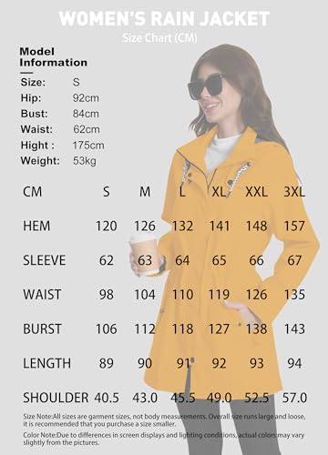 ATLASLAVA Regenjacke Damen Lang Wasserdicht Kapuze Regenmantel übergangsjacke Trenchcoat Outdoor Mantel Gelb L