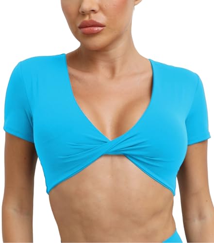 Crop Tops de Yoga Femme Sexy Col en V Maille Respirante pour Fitness