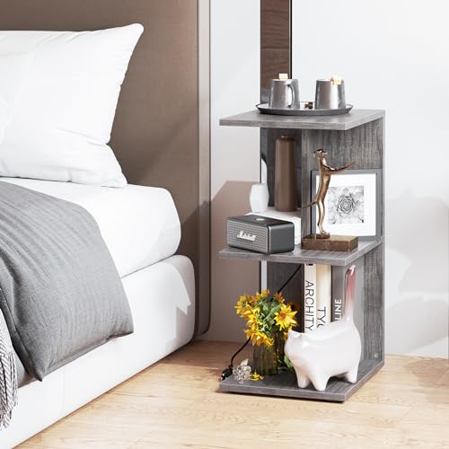 Fixwal Grey Modern 3-Tier Rolling End Table with Charging Station and Storage