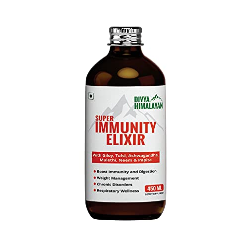 Divya Himalayan Super Immunity Elixir Ayuvedic Syrup Enriched With Giloy, Aloe Vera, Tulsi, Ashwagandha, Mulethi, Neem, & Papita Promotes Immunity Support Digestion For Men Women Adults – 450 ML Divya Himalayan Super Immunity Elixir Ayuvedic Syrup Enriched With Giloy, Aloe Vera, Tulsi, Ashwagandha, Mulethi, Neem, & Papita Promotes Immunity Support Digestion For Men Women Adults – 450 ML