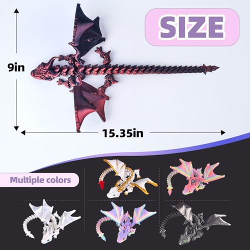 WUQIREN 3D Printed Dragon with Wings, 3D Printed Animals Toys, Fidget Dragon Toys, Flexible Articulated Winged Crystal Dragon Model, Desktop Pet Decor, Dragon Gift for Kids & Adult (Black-Red) by WUQIREN - Image 3
