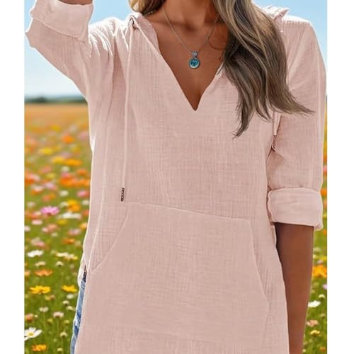 Women's V-Neck Hooded Beach Cover-Up Linen Long Sleeve Beach Cover Up Sweatshirts Hoodies Pullover Tops with Pocket4