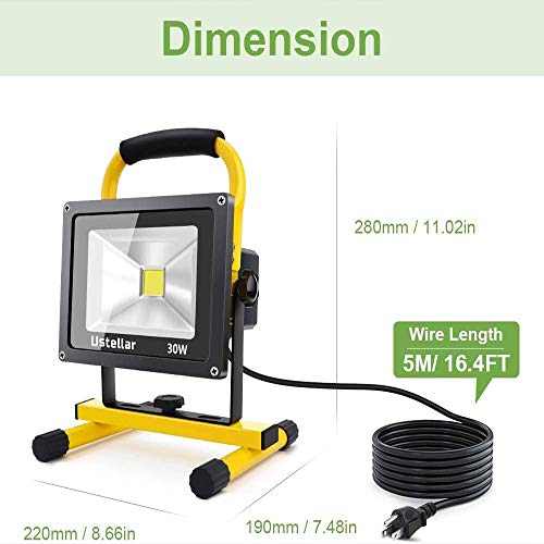 Ustellar 2400LM 30W LED Work Light (200W Equivalent), Waterproof Portable LED Flood Lights, Job Site Lighting with Stand for Construction Site, Workshop, 16ft/5M Cord with Plug, 6000K Daylight White