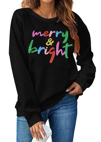Image of Christmas Sweatshirt Women Merry and Bright Christmas T-Shirt Funny Xmas Lights Blouse Tops Holiday Shirts