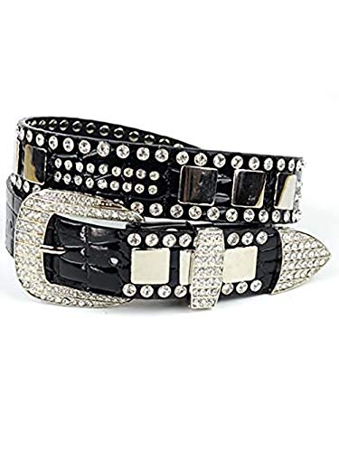 NYFASHION101 Women's Faux Patent Leather Crocodile Design Belt w/Rhinestones DM300, Black, XL