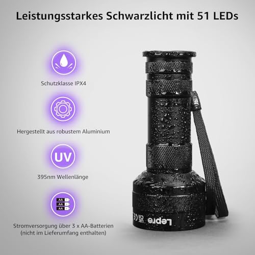Lepro UV Schwarzlicht Taschenlampe mit 51 LEDs, UV Lampe HD51 Haustiere Urin-Detektor Ultraviolettes Licht mit 395nm für Eingetrocknete Flecken Ihrer Hunde, Katzen und Nagetiere auf Teppichen