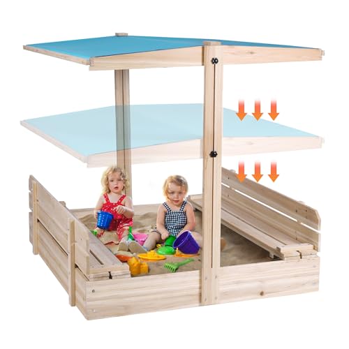 FUNTOK Sandbox with Lid and Cover, Wooden Cabana Sand Box with Canopy for Kids Ages 3-8, Retractable & Rotatable Roof, UV-Resistant Sandbox w/2 Foldable Bench Seats for Backyard, Patio, Outdoor Play