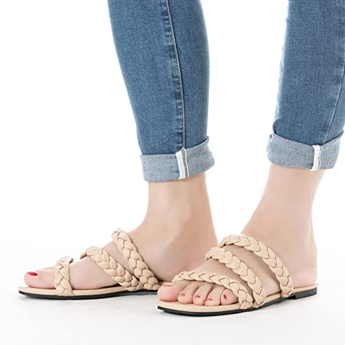 Image of Mtzyoa Women's Strappy Flat Sandals with Toe Ring | Lightweight Walking Slides | Summer Beach Wedding Shoes | Black | Casual Dressy Vacation