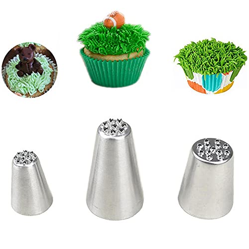 Genrich 3pcs Stainless Steel Grass Icing Nozzles Set,Mousse Cake Decorating Tips Pipe Nozzle DIY Baking Tool(Silver)