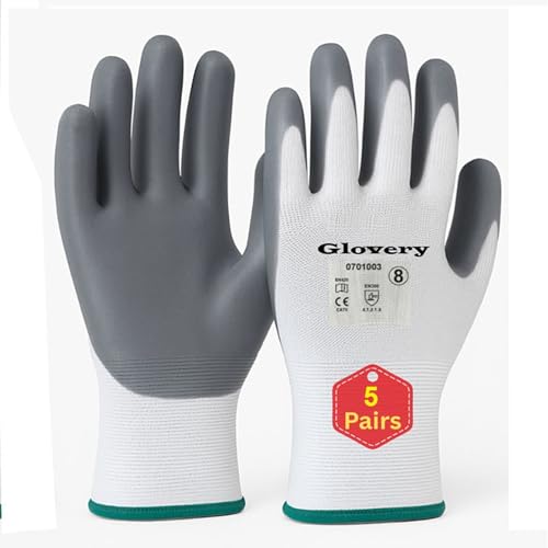Image of Nylon Safety Work Gloves with Nitrile Coating - Industrial-Grade Protection for Cleaning, Warehouse, Mechanics, Construction - Durable, Flexible, Non-Slip Grip (White & Grey, 5 Pair)