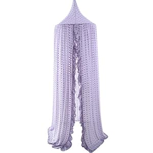 Kids Bed Canopy for Girls, Beige Crib Princess Hanging Children Canopy Tent, Toddler Girl Bed Netting for Baby Room Bedroom Reading Nook, Macrame Lace Boho Nursery with Pom Pom