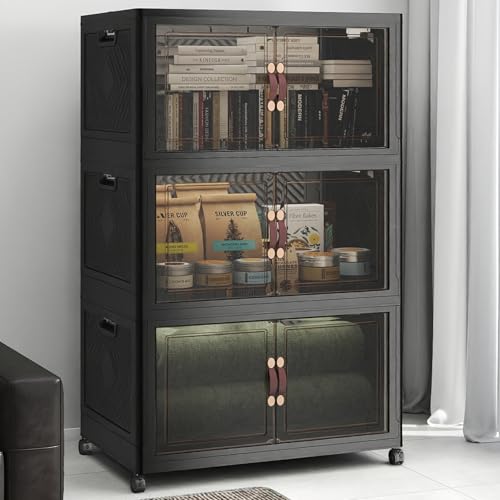 Image of UAMFURI Stackable Storage Bins with Lids, 540QT Lockable Storage Cabinet | Folding Storage Box with Doors and Wheels, Collapsible Plastic Drawers for Home, Garage, Office