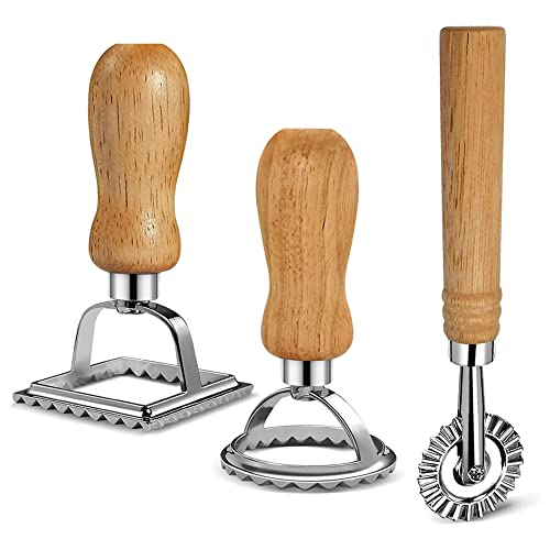 PPcdfre Juego de 3 cortadores de pasta para raviolis, fabricante de sellos de raviolis con mango de madera, cortador de raviolis, máquina para raviolis, pasta, albóndigas, lasaña y pierogi