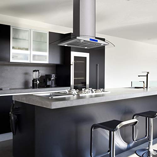 FIREBIRD 36" Stainless Steel Island Mount Range Hood with Tempered Glass, LED Light, Touch Control Panel and Carbon Filters