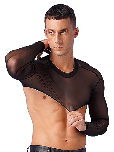 Men's See-Through Long Sleeve Crop Top Shrug Bolero Motorcycle Slim Mesh Tops T Shirt3