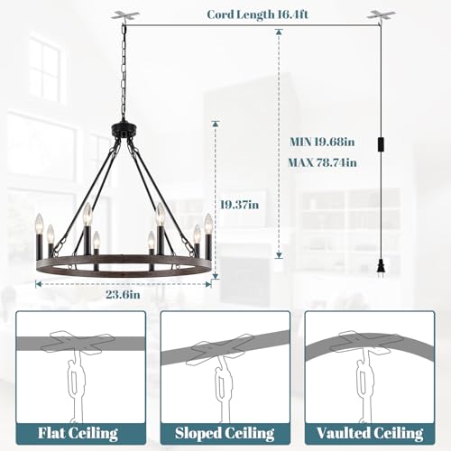 Image of Plug In Chandelier Wagon Wheel 8 Light 24'' Hanging Light with Plug in Cord