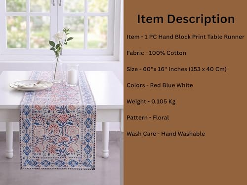 Image of Ravaiyaa - Attitude is everything Cotton Hand Block Printed Table Runner Bed Runner Table Decor (Red & Blue Floral)