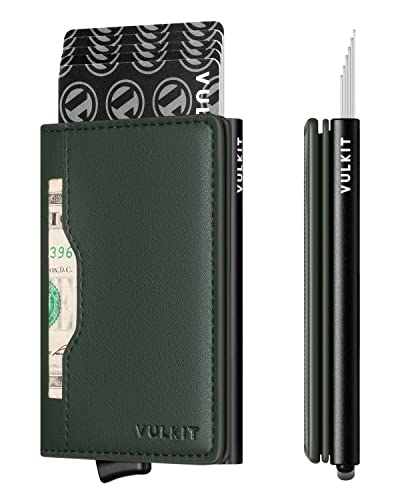 Image of VULKIT Slim Pop up Wallet for Women Minimalist Credit Card Holder with Leather Slots Men's Bifold RFID Blocking Metal Wallets, Olive Green, S, Minimalist