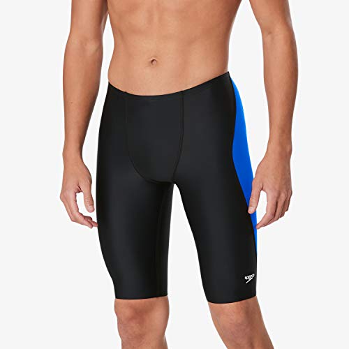 Speedo Men's Swimsuit Jammer PowerFlex Eco Revolve Splice Team Colors, Black/Blue, 32